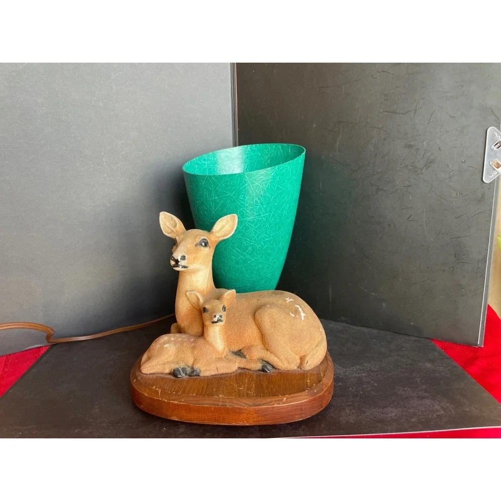 Vintage Mid-Century Flocked Deer & Fawn Figurine Woodland Lamp Wood Base Works!